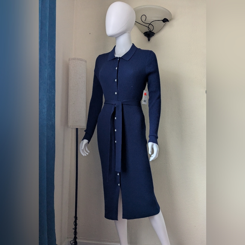89th & Madison Navy Ribbed Knit Button-Down Sweater Dress | Size Small